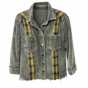 Gray Green Corduroy Plaid Distressed‎ Shacket Jacket Size S Raw Hem Cotton